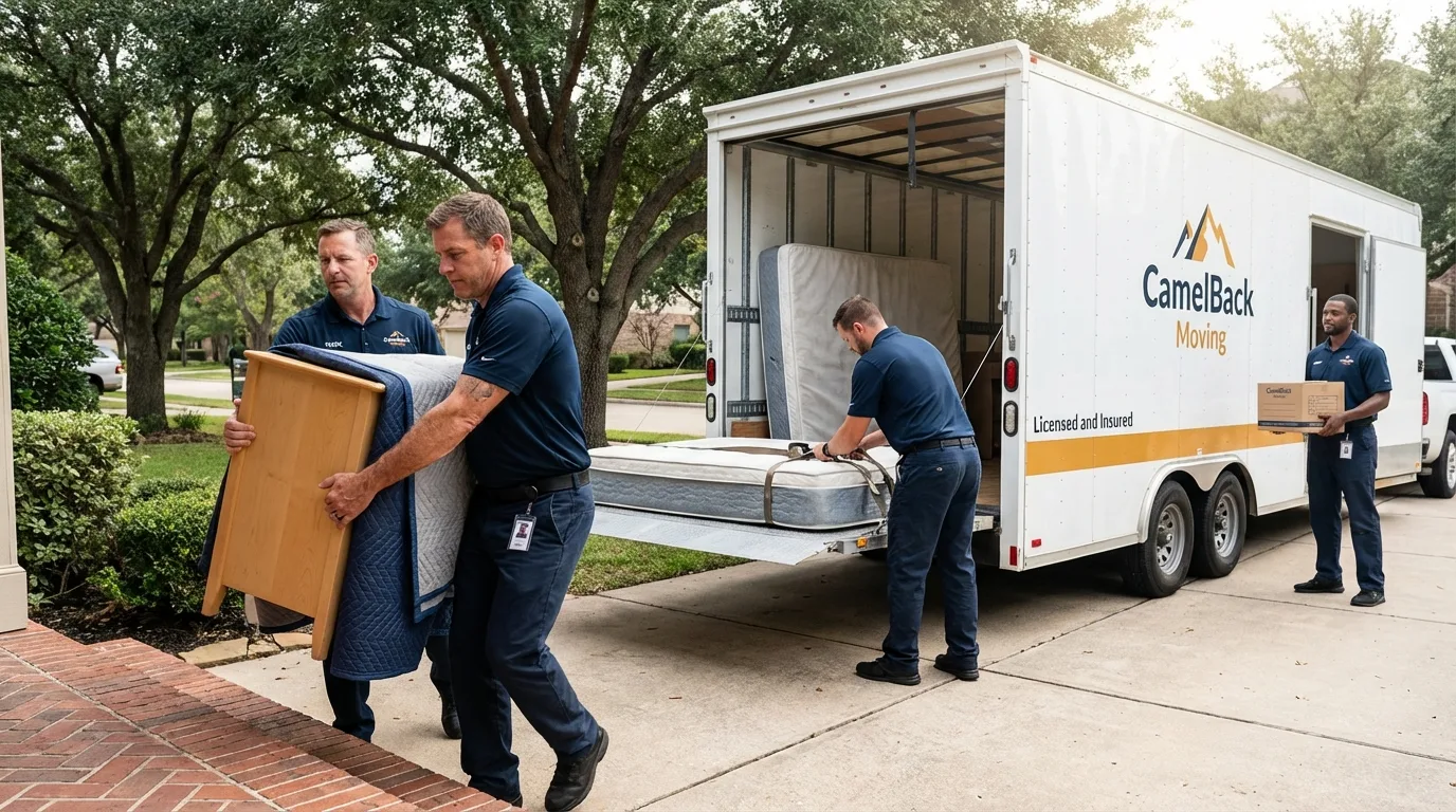 Crew loading residential truck for cross-state move from Lannon, WI