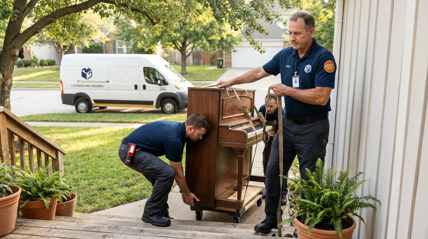 Licensed piano movers securing grand piano in Lannon, WI