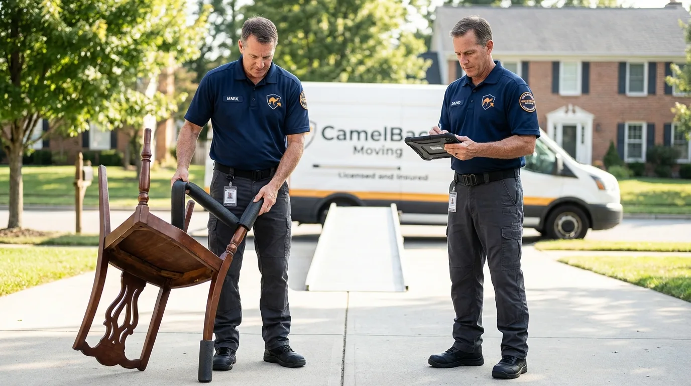 Movers inspecting furniture for damage prevention before loading in Lannon, WI