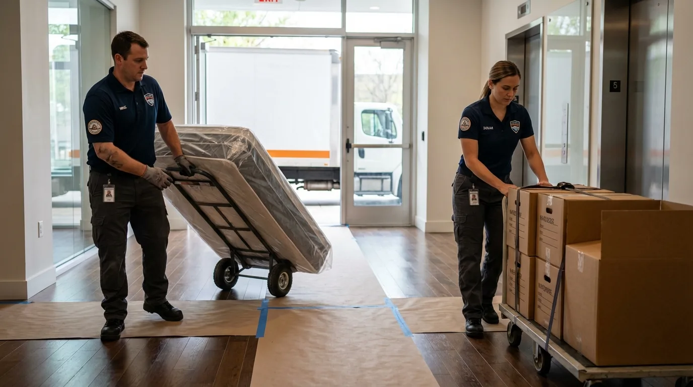 Professional apartment movers loading elevator in Lannon, WI