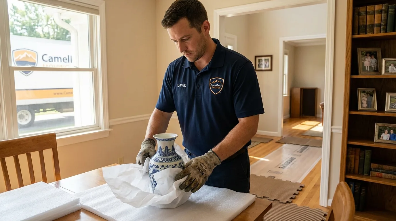 Professional crew carefully wrapping antique vase for senior downsizing move in Lannon, WI