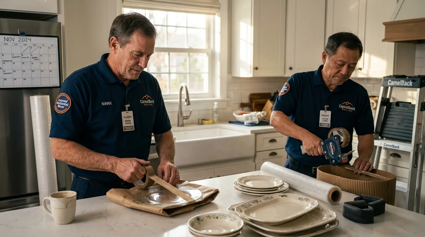 Professional crew packing kitchen dishware in Lannon, WI